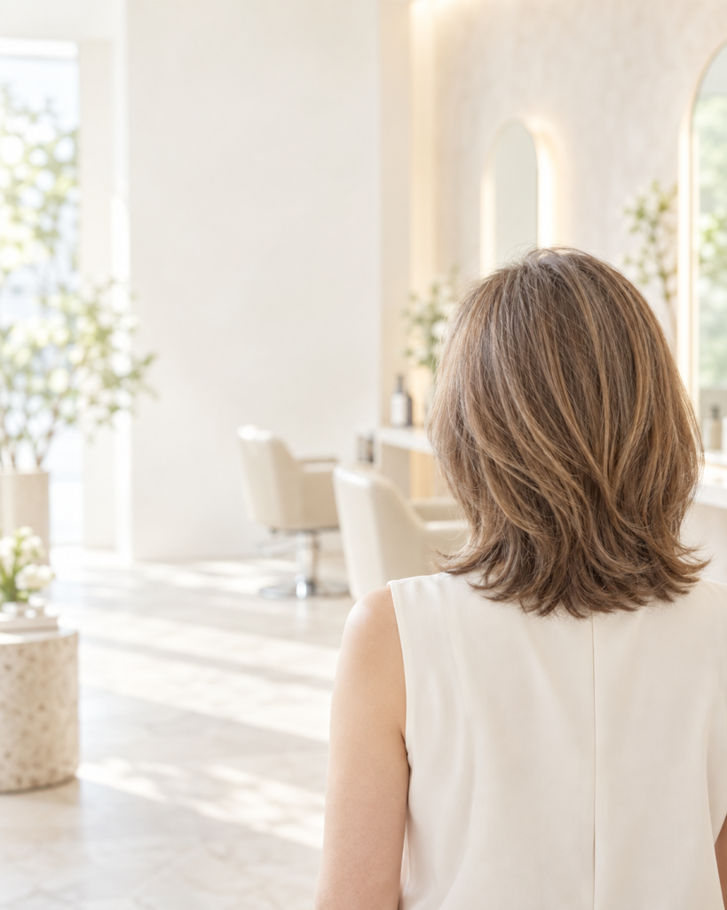 朝の光に映える明るいベージュヘアのAI生成イメージ